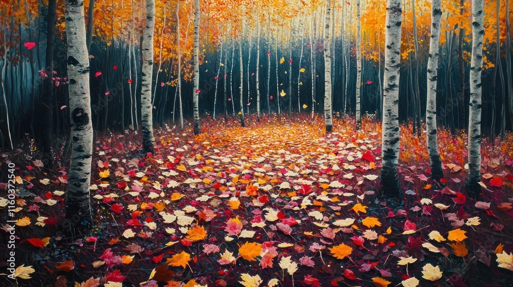 Autumnal Birch Forest Path Covered In Fallen Leaves
