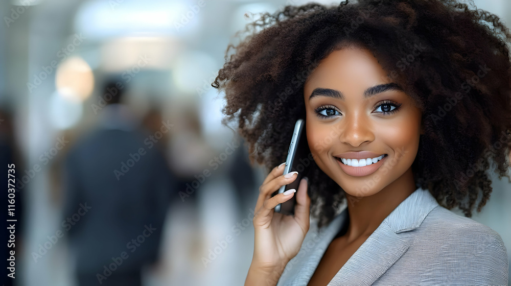 Smiling Businesswoman Talks on Phone in Busy Office, Confidently Managing Tasks Smiling Businesswoman Talks on Phone in Busy Office, Confidently Managing Tasks