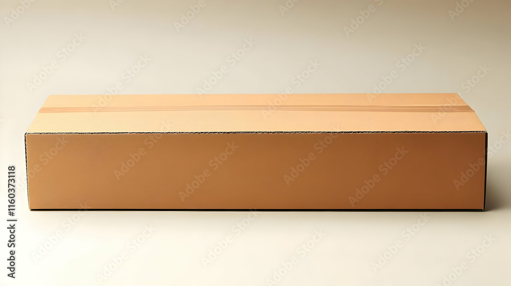 Closed Cardboard Box Stands on a White Background with Single Strip of Tape Securely Holding It Shut Closed Cardboard Box Stands on a White Background with Single Strip of Tape Securely Holding It Shut
