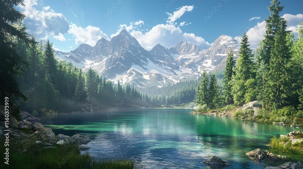 Fototapeta premium Serene Mountain Lake Surrounded by Lush Evergreen Trees