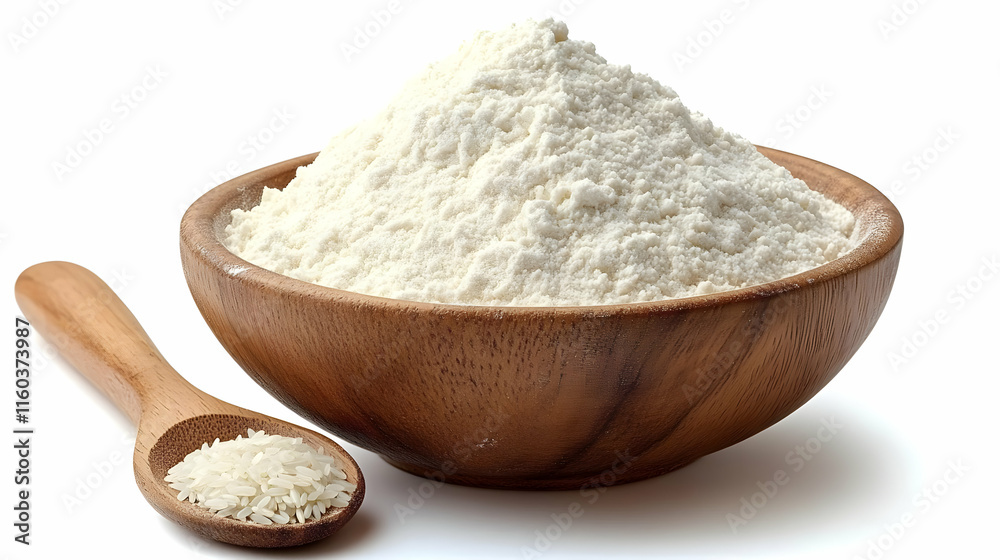 Rice flour in a wooden bowl and rice grains with wooden spoon on white background. Rice flour in a wooden bowl and rice grains with wooden spoon on white background.