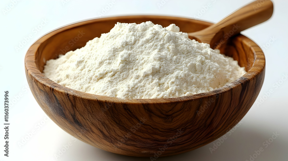 White Flour Piled in a Wooden Bowl with a Scoop White Flour Piled in a Wooden Bowl with a Scoop