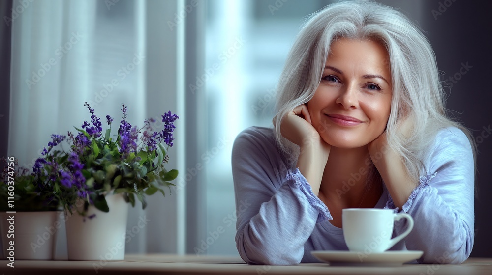 Close-up Photo: Serene Woman Gracefully Sipping Coffee Near Window. AI Generated Close-up Photo: Serene Woman Gracefully Sipping Coffee Near Window. AI Generated