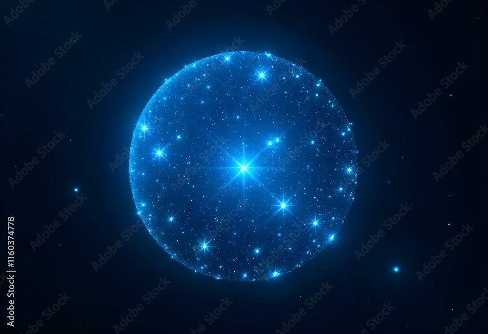 Fototapeta premium Bright blue sphere shining in the dark space with small particles forming a network