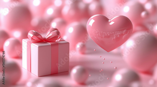 Valentine's day gift with floating hearts banner. Pink gift box and hearts 3d render love background. Engagement