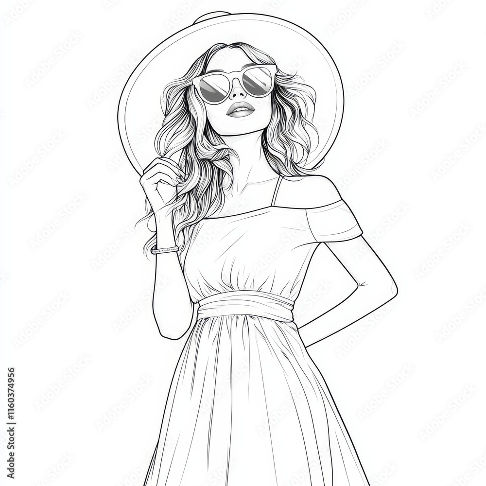 Summer Fashion Sketch: Elegant Woman in Hat and Dress Summer Fashion Sketch: Elegant Woman in Hat and Dress