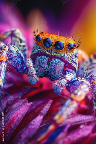 Close-up of vibrant jumping spider with kaleidoscopic eyes resting on neon-colored petals, macro photography photo