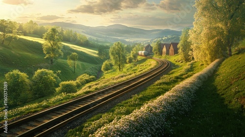 Scenic Train Tracks Winding Through Lush Green Hills