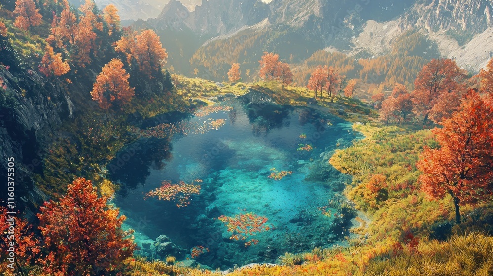 Fototapeta premium Autumnal Mountain Lake Surrounded by Colorful Trees