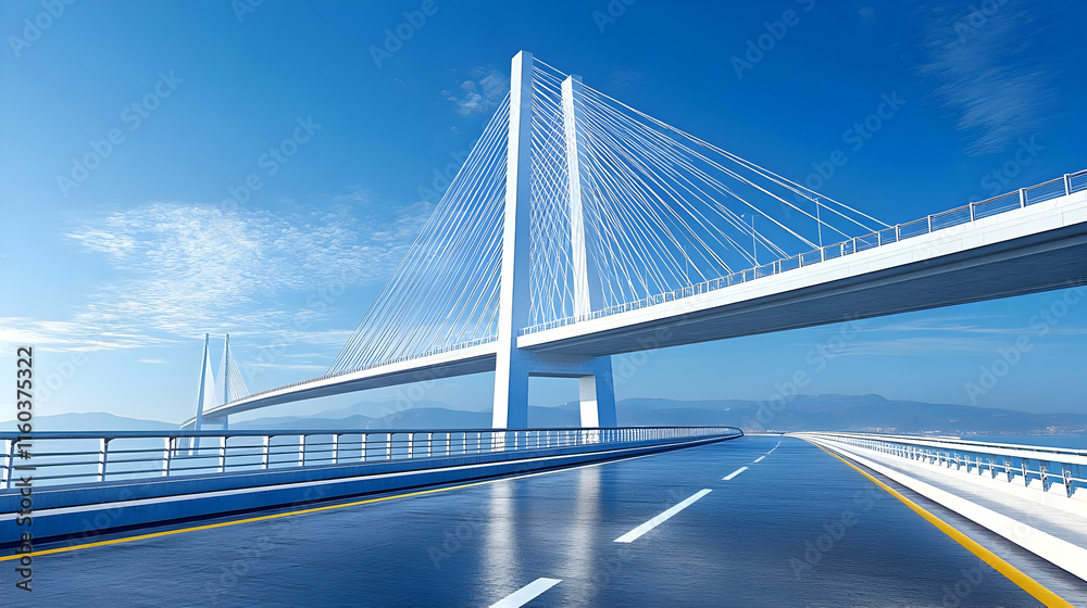 Modern Cable-Stayed Bridge spans across water with blue sky impressively engineered marvel. Modern Cable-Stayed Bridge spans across water with blue sky impressively engineered marvel.