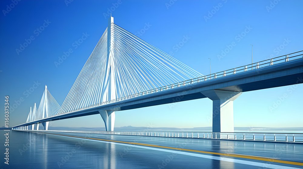 Modern Cable-Stayed Bridge Spans a Calm Blue Waterway Under a Clear Sky Modern Cable-Stayed Bridge Spans a Calm Blue Waterway Under a Clear Sky