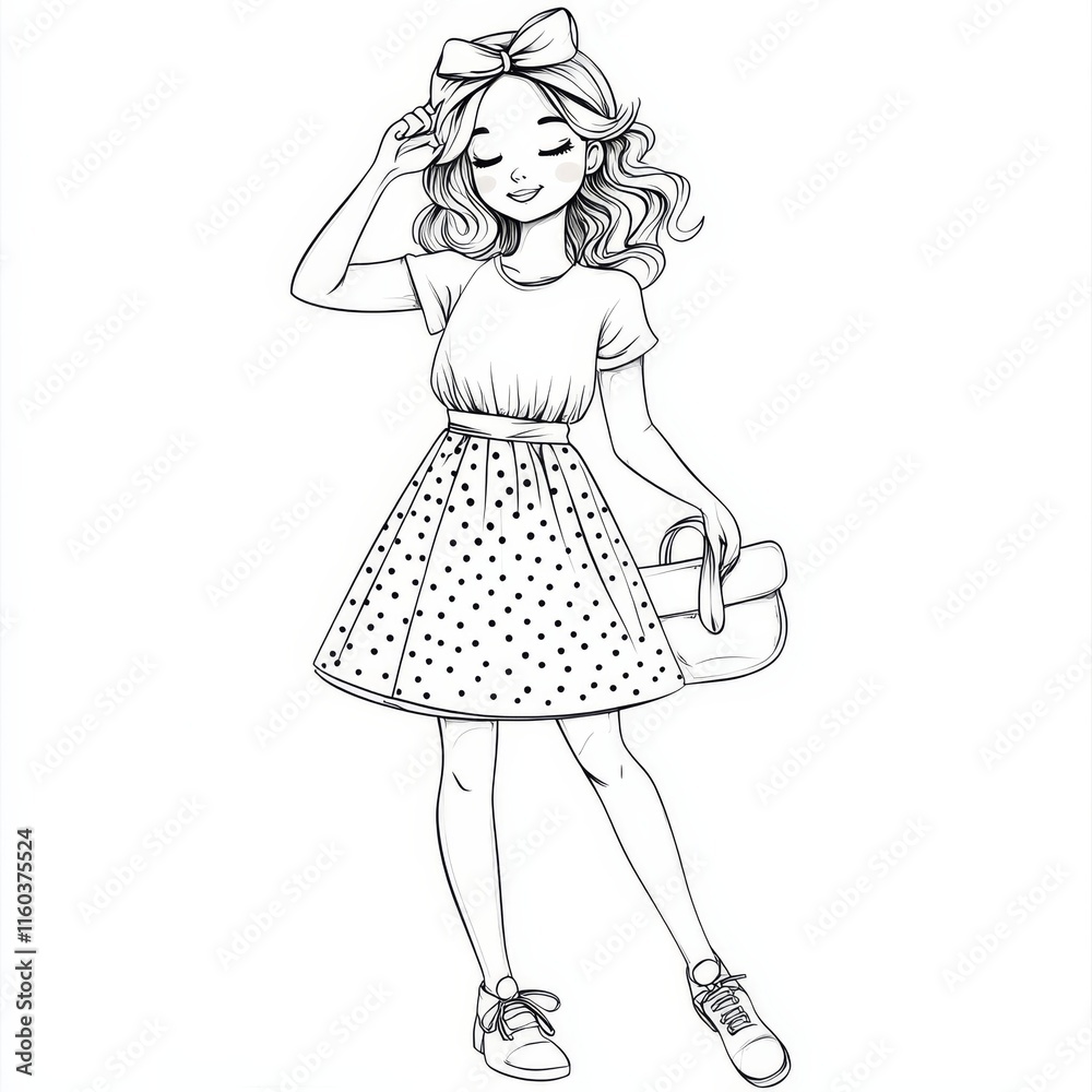 Polka Dot Chic: A stylish and fashionable illustration of a young woman, showcasing a chic polka dot skirt and a trendy bow in her hair, ready to paint the town red. Polka Dot Chic: A stylish and fashionable illustration of a young woman, showcasing a chic polka dot skirt and a trendy bow in her hair, ready to paint the town red.