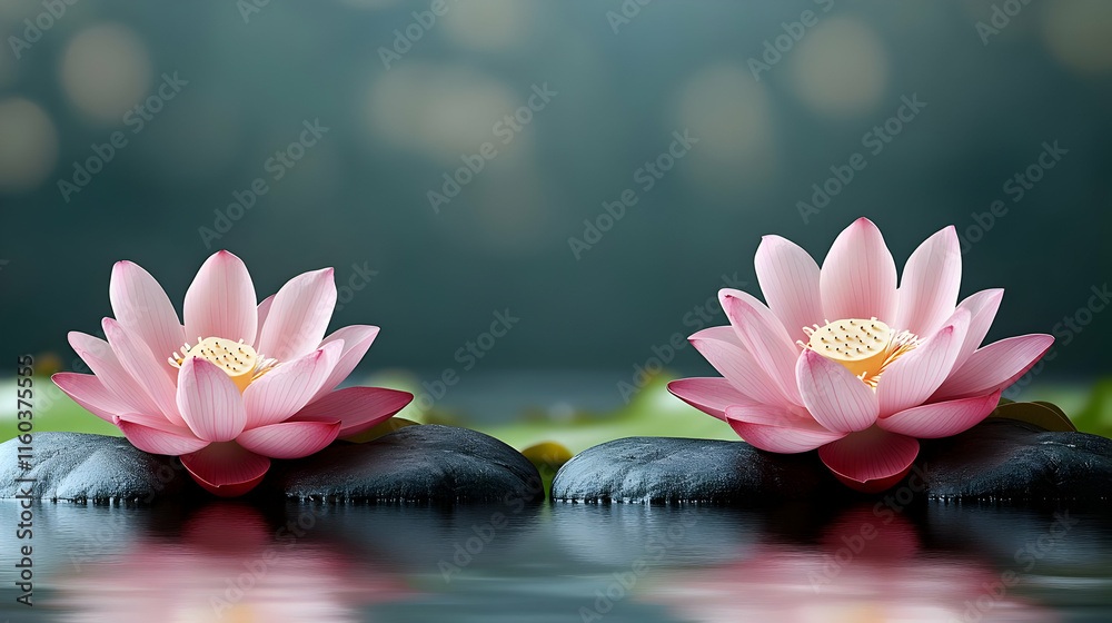 Two Pink Lotus Flowers Bloom Gracefully on Dark Stones in Calm Water with Soft Bokeh Background Two Pink Lotus Flowers Bloom Gracefully on Dark Stones in Calm Water with Soft Bokeh Background