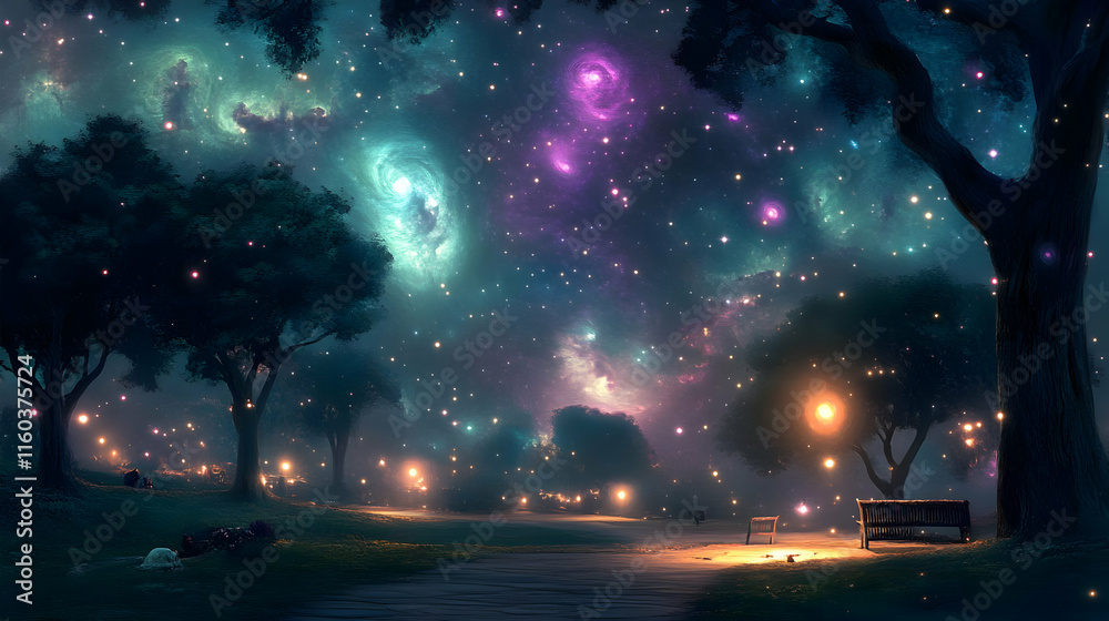 Fototapeta premium Enchanted Forest Path Illuminates Under a Mystical Night Sky with Glowing Lights and Fireflies.