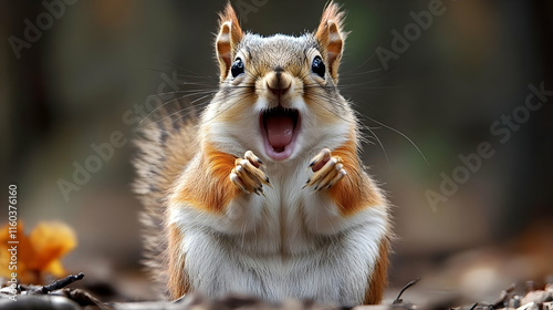 Surprised Squirrel Opens Mouth Wide, Showing Teeth and Claws in Nature Photo, Wildlife Expressions