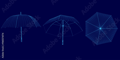 Three umbrellas are shown in different positions, with one being upside down. The umbrellas are blue and appear to be in a digital format. Scene is somewhat whimsical and playful