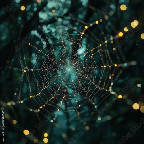 Spiderweb with twinkling light highlights, captured against a soft-focus forest backdrop in moody tones