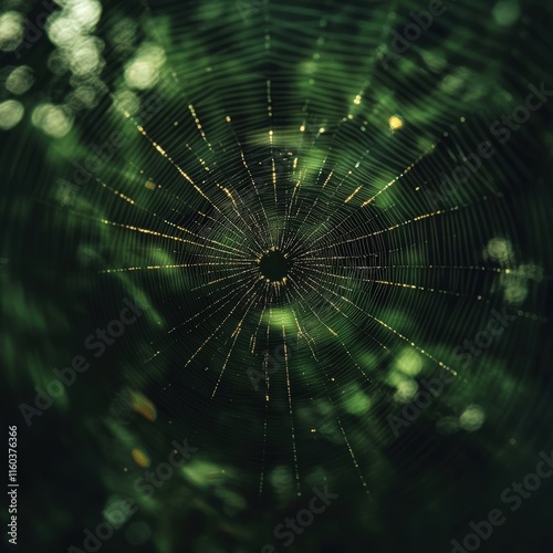 Symmetrical spiderweb with luminous threads, centered in macro view with green forest backdrop