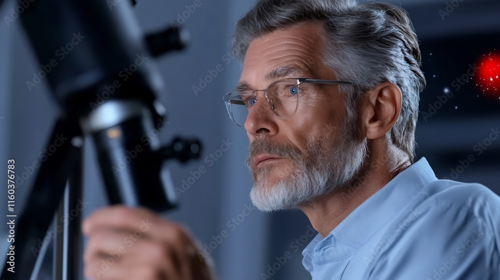Close-up Photo: Intrigued Astronomer Carefully Examining Telescope at Night. AI Generated Close-up Photo: Intrigued Astronomer Carefully Examining Telescope at Night. AI Generated