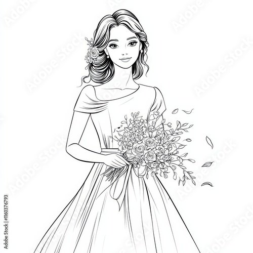 Elegant Bride with Bouquet: A charming illustration of a bride in a flowing wedding gown, holding a beautiful bouquet of flowers.  The image is rendered in elegant black and white line art style.