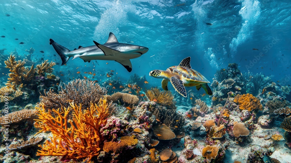 Fototapeta premium Shark and Sea Turtle Swim Over Vibrant Coral Reef