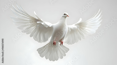 White Dove Soars with Gracefully Spread Wings Against a Soft Gray Background photo