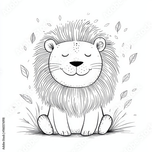 Smiling Lion Cub Illustration: A cute cartoon lion cub with a playful expression sits amidst a scattering of leaves. photo