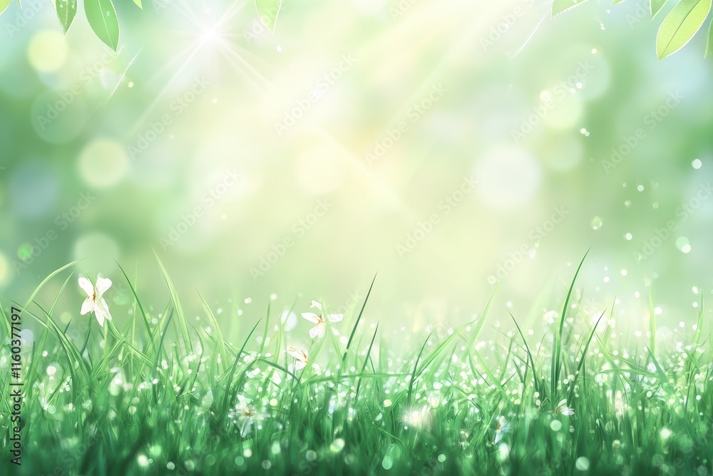 Dewy grass, flowers, sunlight, bokeh background. Dewy grass, flowers, sunlight, bokeh background.