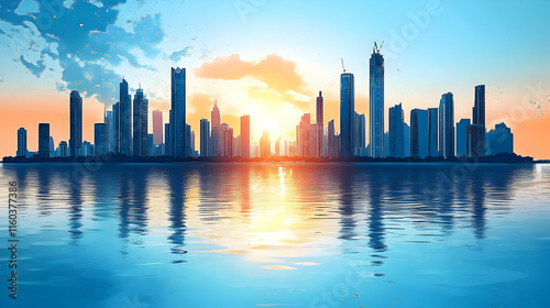 Illustrated cityscape reflecting on the rippling water surface at beautiful sunset.