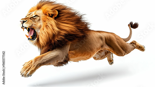 Aggressive Male Lion Leaps Forward with a Fierce Roar on White Background