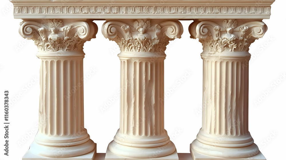 Three Ornate Fluted Columns Stand Tall with Decorative Capitals and Bases on White Background Three Ornate Fluted Columns Stand Tall with Decorative Capitals and Bases on White Background