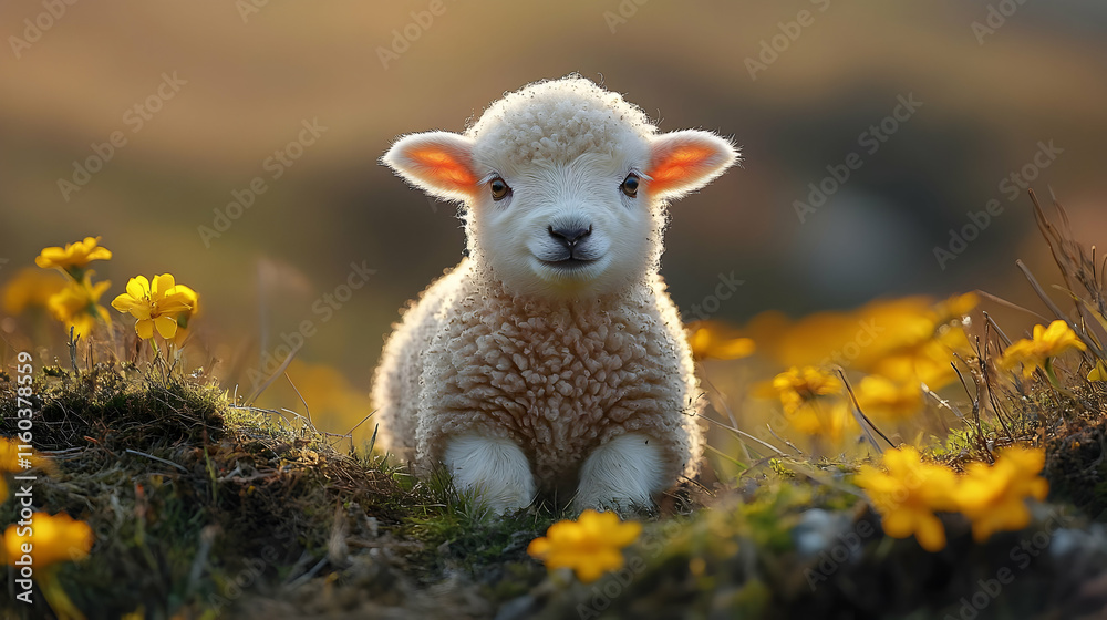 Adorable Lamb Sits Peacefully in a Field of Yellow Flowers at Sunset