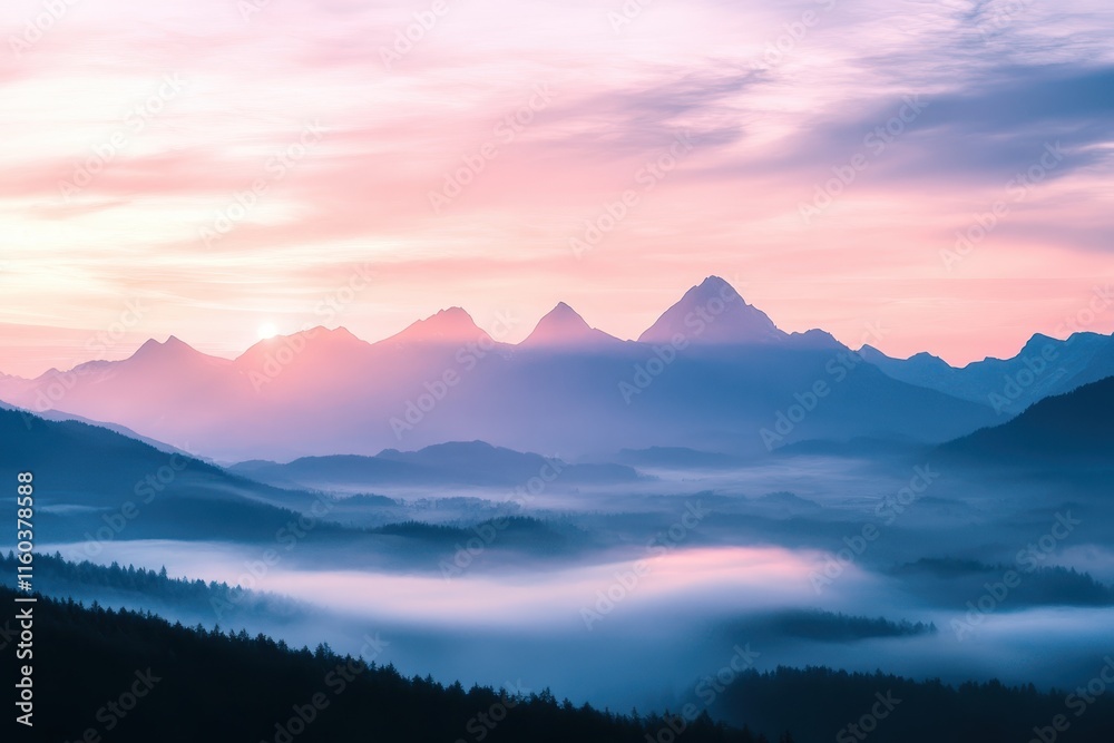 Fototapeta premium Serene sunrise over misty mountain range.