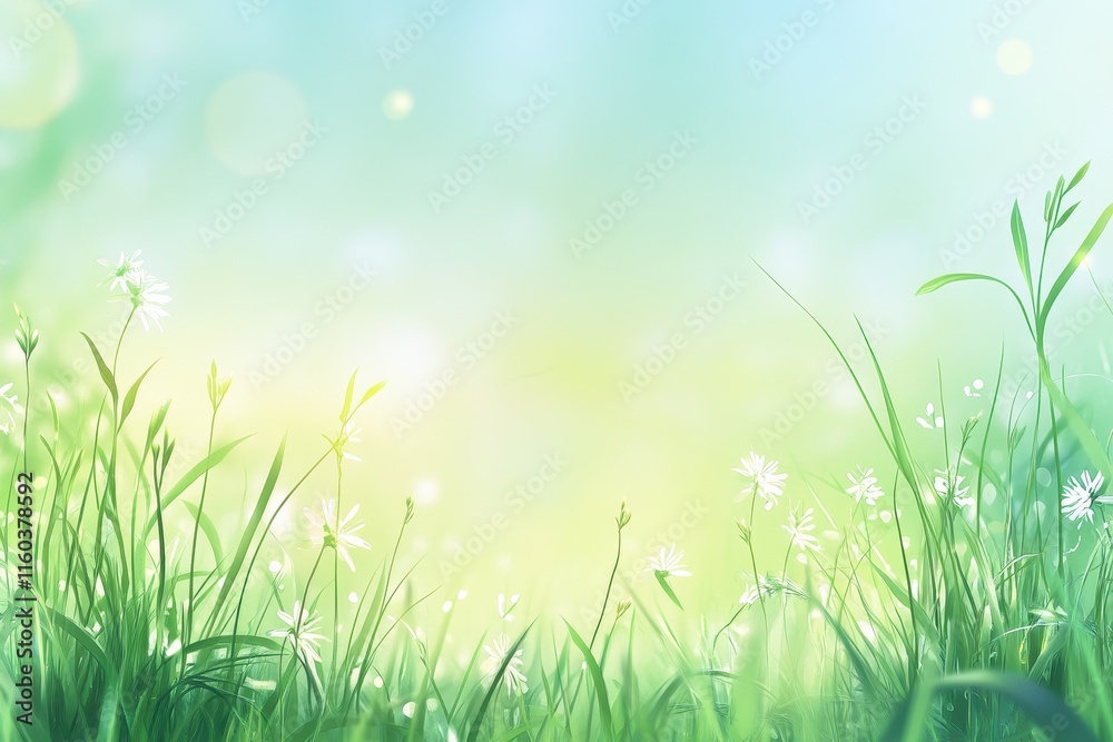 Spring meadow with white flowers and green grass, soft sunlight bokeh background. Spring meadow with white flowers and green grass, soft sunlight bokeh background.
