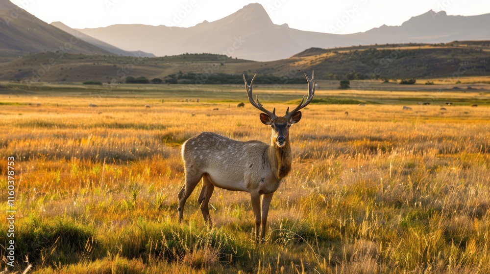 Naklejka premium Majestic deer in golden meadow at sunset.