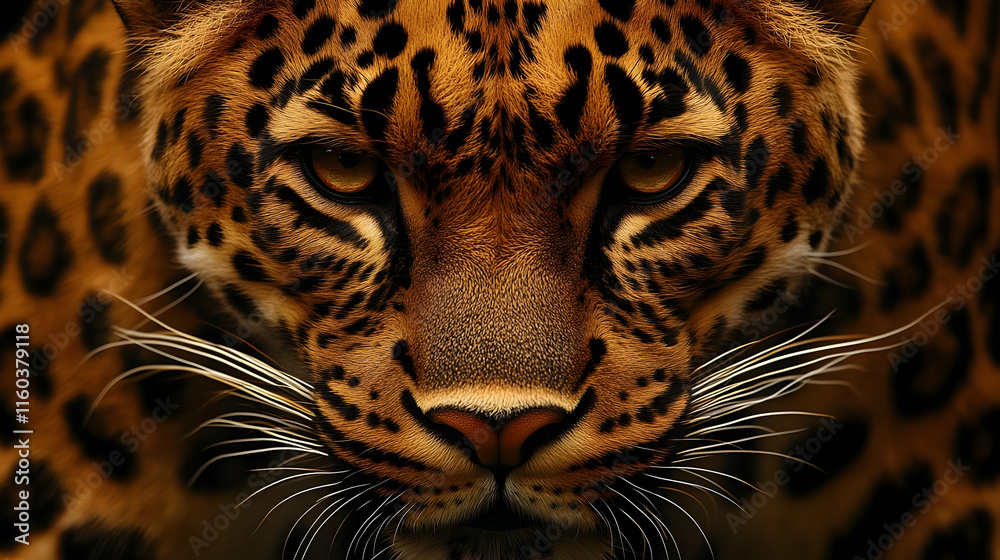 Naklejka premium Intense Leopard Portrait: A Close-Up of Wild Beauty with Piercing Gaze in a Dark Setting.