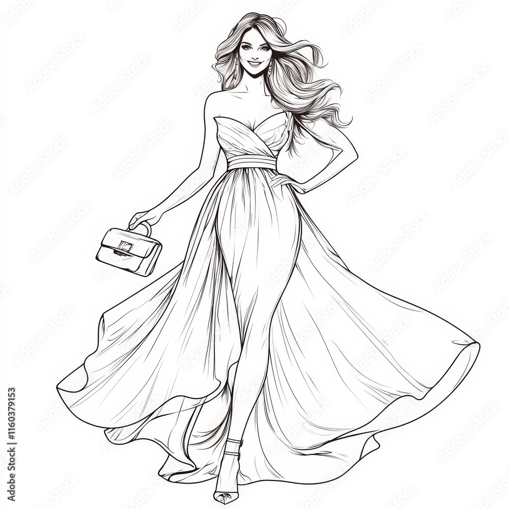 Fototapeta premium Elegant Evening Gown Sketch: A fashion illustration showcases a woman in a flowing, elegant strapless gown, carrying a chic handbag, poised for an evening event.