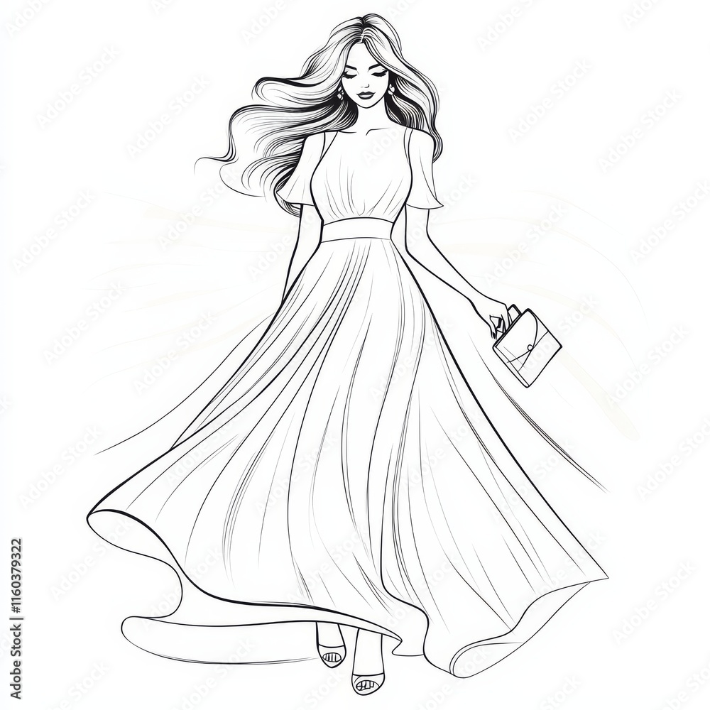 Elegant Woman in Flowing Gown: A stylish illustration of a woman with long flowing hair, wearing a beautiful floor-length gown, carrying a small clutch bag. Elegant Woman in Flowing Gown: A stylish illustration of a woman with long flowing hair, wearing a beautiful floor-length gown, carrying a small clutch bag.
