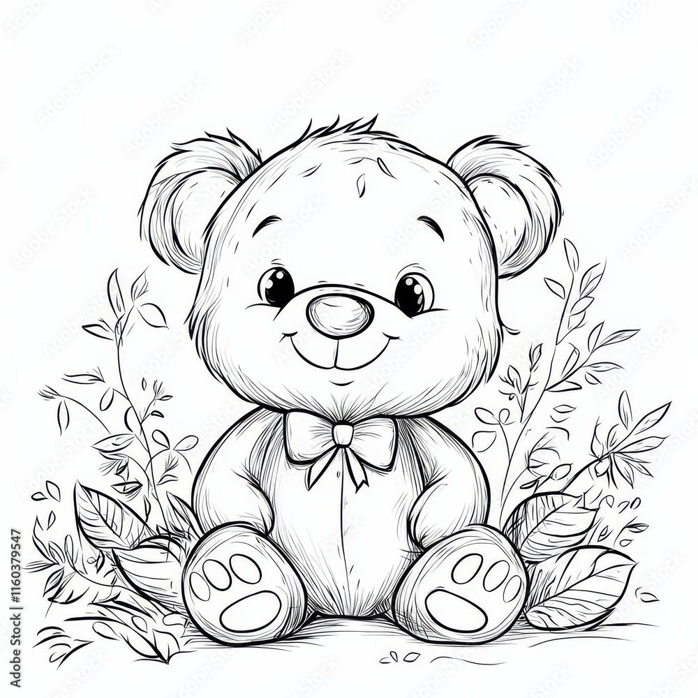 Fototapeta premium Adorable Teddy Bear Sketch: A charming sketch of a teddy bear sitting amidst lush foliage, showcasing endearing features and a playful bow tie. Perfect for children's books, greeting cards, and more.