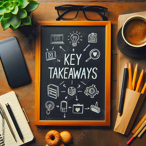 Chalkboard lists key takeaways with coffee