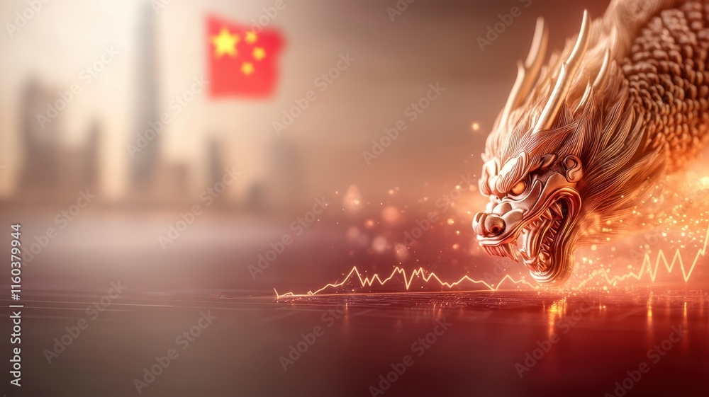 Majestic dragon with city skyline and Chinese flag in the background. Majestic dragon with city skyline and Chinese flag in the background.
