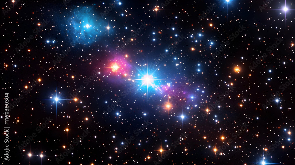 Bright Star Shines with Colorful Nebulae in Deep Space with Stunning Stellar Background Bright Star Shines with Colorful Nebulae in Deep Space with Stunning Stellar Background