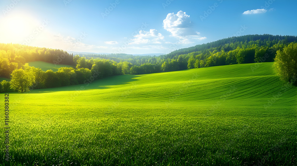 Green field and forest in the background create a serene landscape brightly with sunny rays. Green field and forest in the background create a serene landscape brightly with sunny rays.