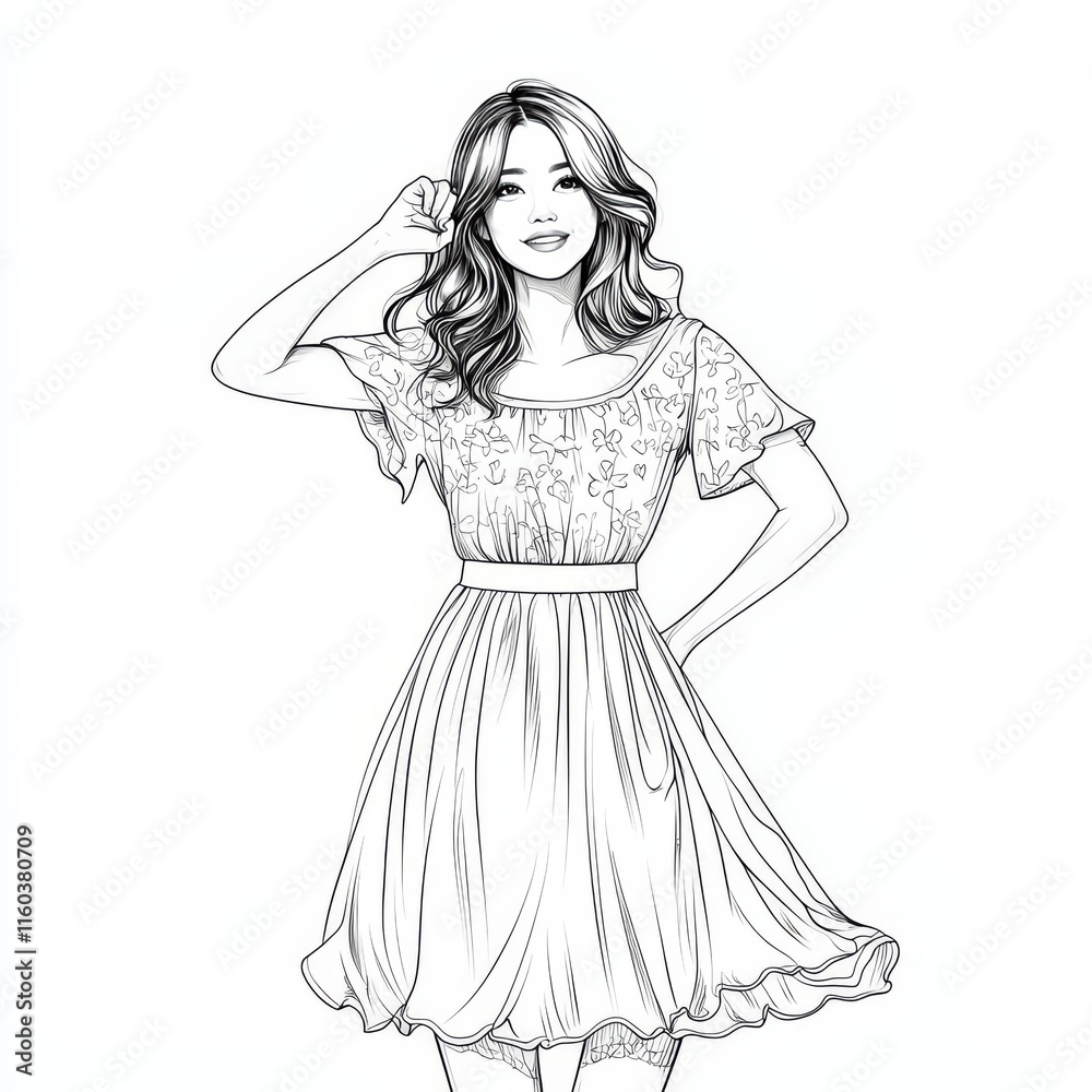 Fashion Illustration: Feminine Elegance in Line Art: This intricate line art illustration captures a woman in a flowing dress, exuding grace and poise.
