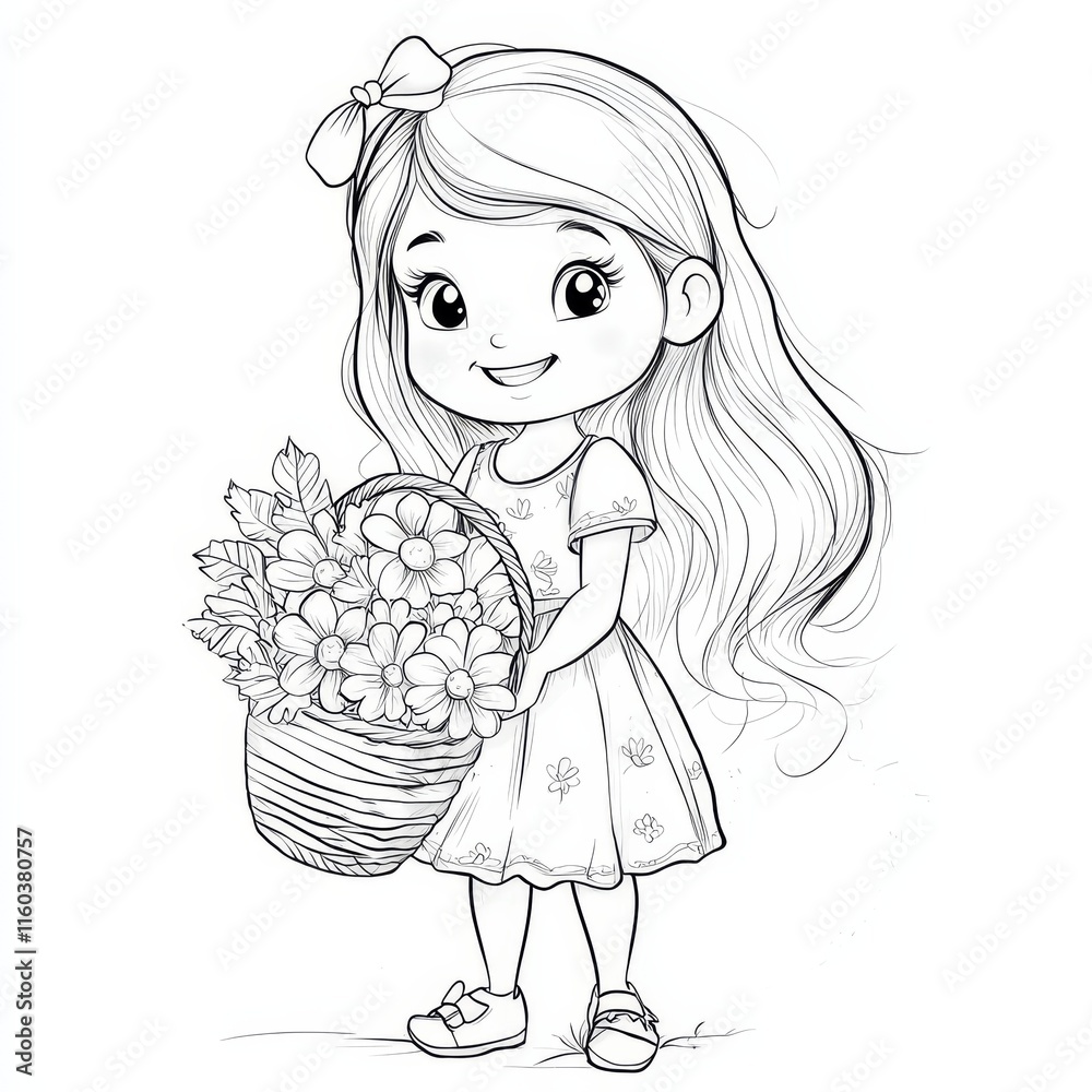Adorable Girl with Flowers: A charming illustration of a little girl with long hair, a sweet smile, and a basket full of daisies. Perfect for children's books, greeting cards, and websites. Adorable Girl with Flowers: A charming illustration of a little girl with long hair, a sweet smile, and a basket full of daisies. Perfect for children's books, greeting cards, and websites.
