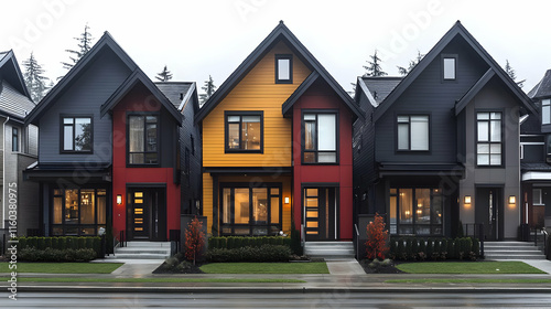 Modern townhouses stand in a row with colorful and stylish exterior design elements.