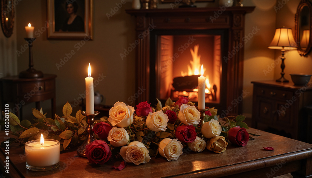 Candlelit roses on wooden table with a cozy fireplace background