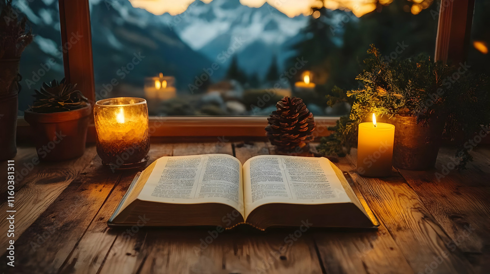 Open Book Lies on Wooden Table with Candles and Plants, Mountain View Through Window at Sunset Open Book Lies on Wooden Table with Candles and Plants, Mountain View Through Window at Sunset