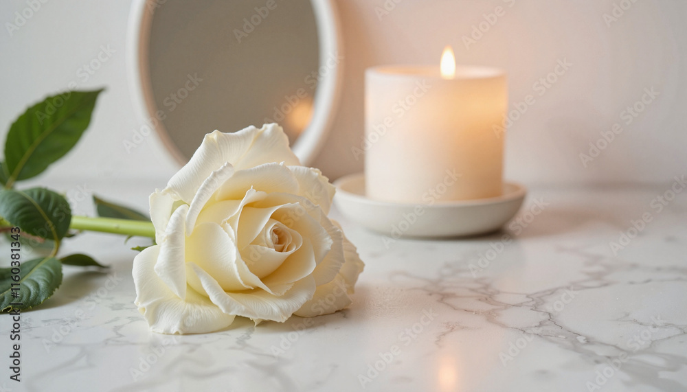 Fototapeta premium White rose and candle on marble surface