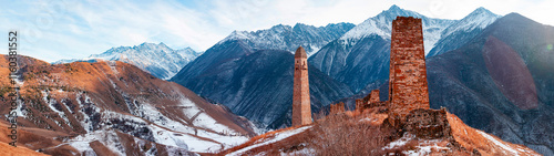 Falkhan village with the ruins of ancient battle towers and crypts. Russia, Republic of Ingushetia, Dzheyrakhsky region. photo
